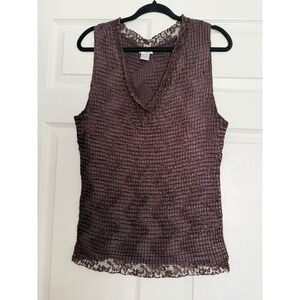Nicola Vintage Y2K Brown Popcorn Crinkle Tank Top Lace Trim Fairycore